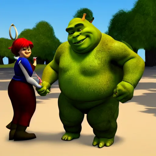 Image similar to a photo of shrek and shadow the hedgehog holding hands in a park