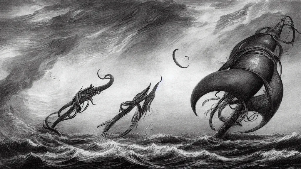 Image similar to drawing of one giant squid attacking a submarine beneath a stormy ocean, by gustave dore, nineteenth century, black and white, vintage, science fiction, epic composition, dramatic lighting, highly detailed, cinematic