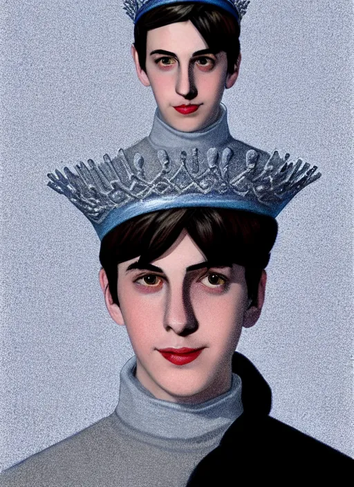 Image similar to portrait of teenage jughead jones wearing a light grey crown, crown, blue turtleneck, 1 9 5 0 s, closed eyes, photorealistic, black hair, glowing lighting, intricate, elegant, glowing lights, highly detailed, digital painting, artstation, concept art, smooth, sharp focus, illustration, art by wlop, mars ravelo and greg rutkowski