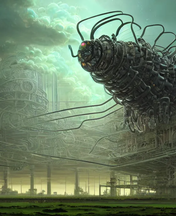 Prompt: a giant solid industrial plant made out of isopod wasp octopus, in the style of a strange exotic spaceship, overgrown with disturbing orchids, godbeams, partly cloudy, somber, dramatic lighting, by dan mumford, yusuke murata, makoto shinkai, ross tran, cinematic, unreal engine, cel shaded, featured on artstation, pixiv