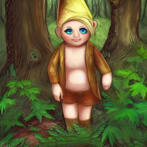 Prompt: a gnome with blonde hair, green eyes, and light maple colored skin lurking in the forest, digital art