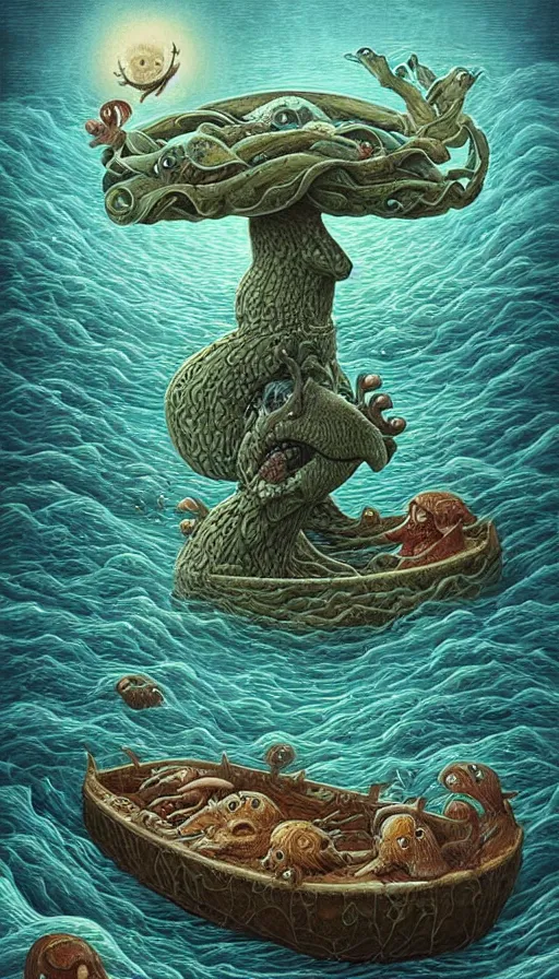 Image similar to man on boat crossing a body of water in hell with creatures in the water, sea of souls, by naoto hattori