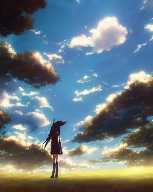 Image similar to daydreaming witch, blue sky, daydreams leaking into the real world, by makoto shinkai