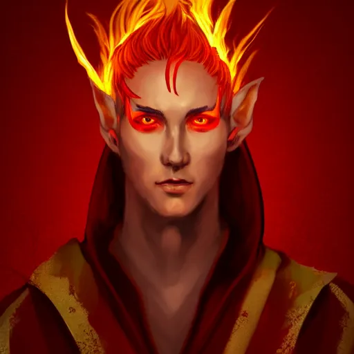 Image similar to Portrait of scarred elven fire mage in red and gold robe with flaming hands. In style of Hyung-tae Kim, concept art, trending on ArtStation, Korean MMORPG.