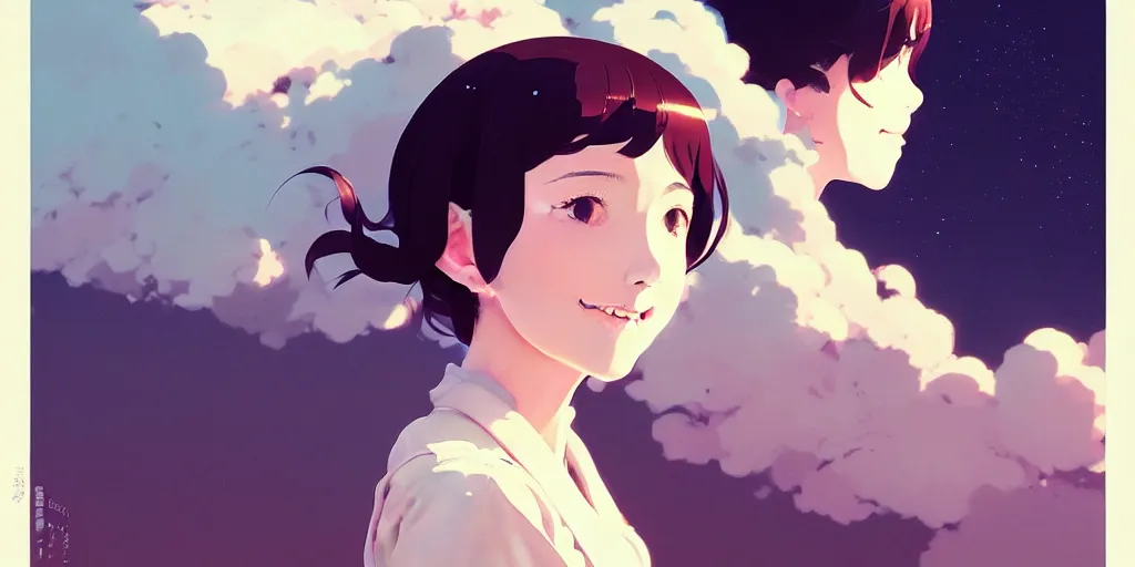 Image similar to portrait of a smiling girl by ilya kuvshinov, cloudy sky background lush landscape ln illustration concept art anime key visual trending pixiv by victo ngai fanbox by greg rutkowski makoto shinkai takashi takeuchi studio ghibli