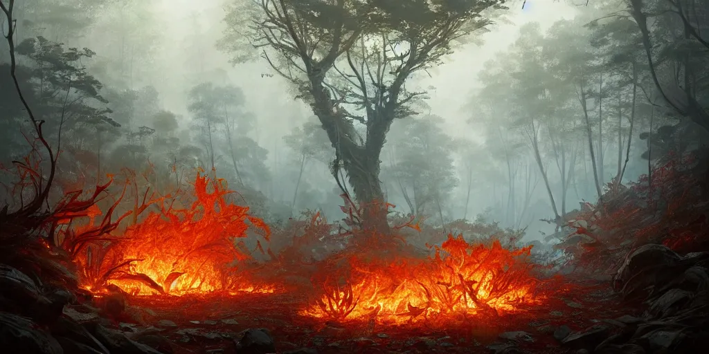 Image similar to A flaming forest , flaming leaves,Magma,flame stones are scattered, flame ferns, flame shrubs, huge flame Fantasy plant,covered in flame porcelain vine, artstation,by Jakub Rozalski, Greg Rutkowski,anthony avon