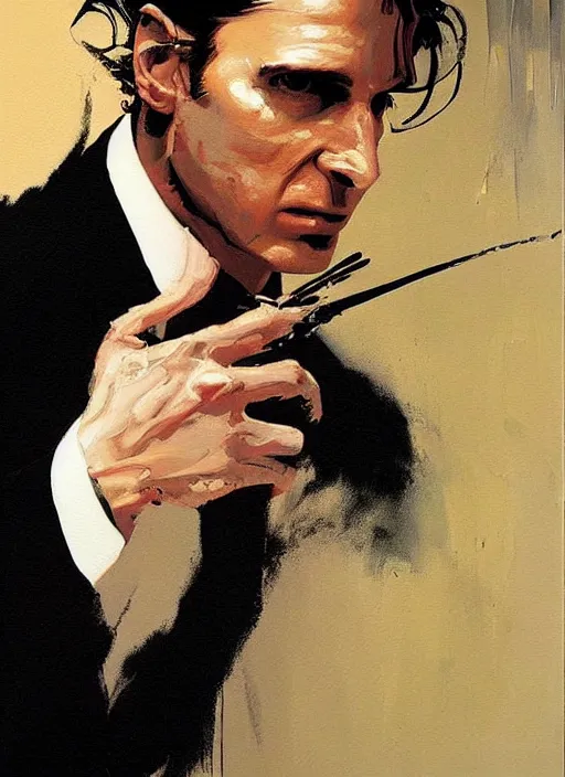 Image similar to patrick bateman, painting by phil hale, fransico goya,'action lines '!!!, graphic style, visible brushstrokes, motion blur, blurry, visible paint texture, crisp hd image