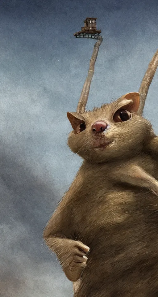 Image similar to close - up selfie shot of dwarf fat - tailed jerboa with rusty broken building constructions of a giant spiral upside - down staircase for multiple cases, leading to the sky, the ruins, in the steppe, summer field, misty background, from the game pathologic 2, highly detailed, sharp focus, matte painting, by isaac levitan and asher brown durand,