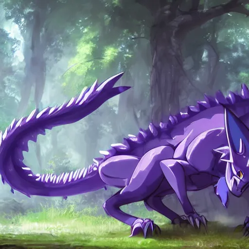 Image similar to concept art painting of an anthropomorphic purple gray anime dragon, in the deep forest, realistic, detailed, cel shaded, in the style of makoto shinkai and greg rutkowski and james gurney