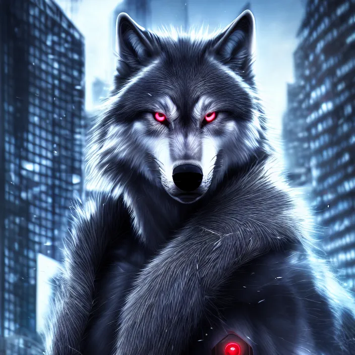 Image similar to portrait of male anthropomorphic dark gray anime wolf, long red hair, blue eyes, in a futuristic city, hyper detailed, digital art, trending on artstation, cinematic lighting, studio quality, smooth render, unreal engine 5 rendered, octane rendered, 1 : 1 aspect ratio