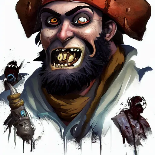 Image similar to portrait of the zombie pirate lechuck, big black beard, rotten skin, mattepainting concept blizzard pixar maya engine on stylized background splash comics global illumination lighting artstation lois van baarle, ilya kuvshinov, rossdraws