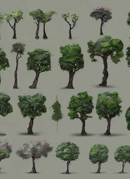 Prompt: a set of different trees and bushes, concept art by senior environment artist, polycount, environmental art, concept art, 2 d game art