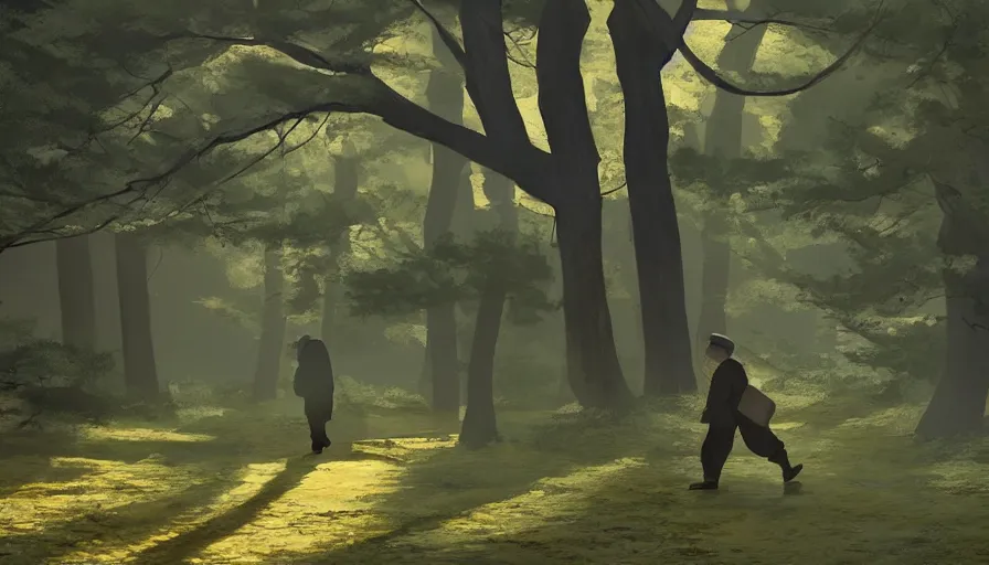 Prompt: old japanese man walking in forest's path during sunny day, lights through branches, hyperdetailed, artstation, cgsociety, 8 k