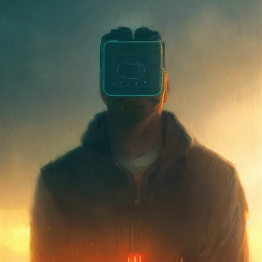 Image similar to portrait of a man by Greg Rutkowski, lee madgwick and hubert robert, VR headset, blade runner style, neon glow, vivid color, moody lighting, unreal engine, sunrise, epic skies, foggy