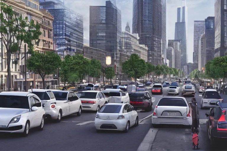Image similar to street view of a city in 2020, cars and traffic