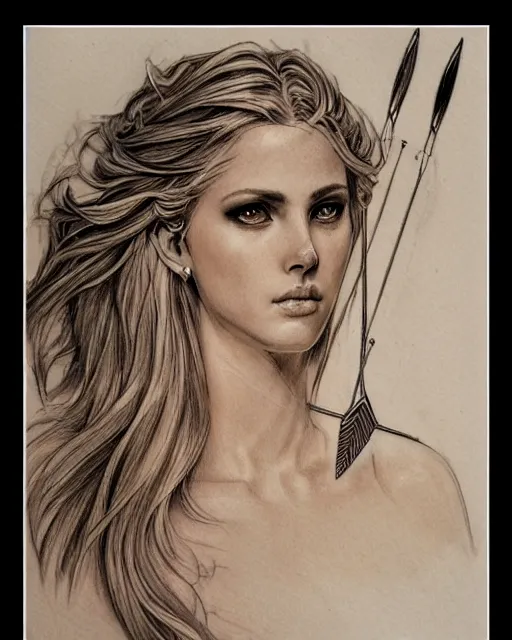 Image similar to tattoo sketch of beautiful greek goddess aphrodite with arrow earrings, beautiful piercing eyes, flowing blonde hair, realistic face, hyper realistic, in the style of greg rutkowski, fantasy, amazing detail, epic, intricate, elegant, smooth, sharp focus