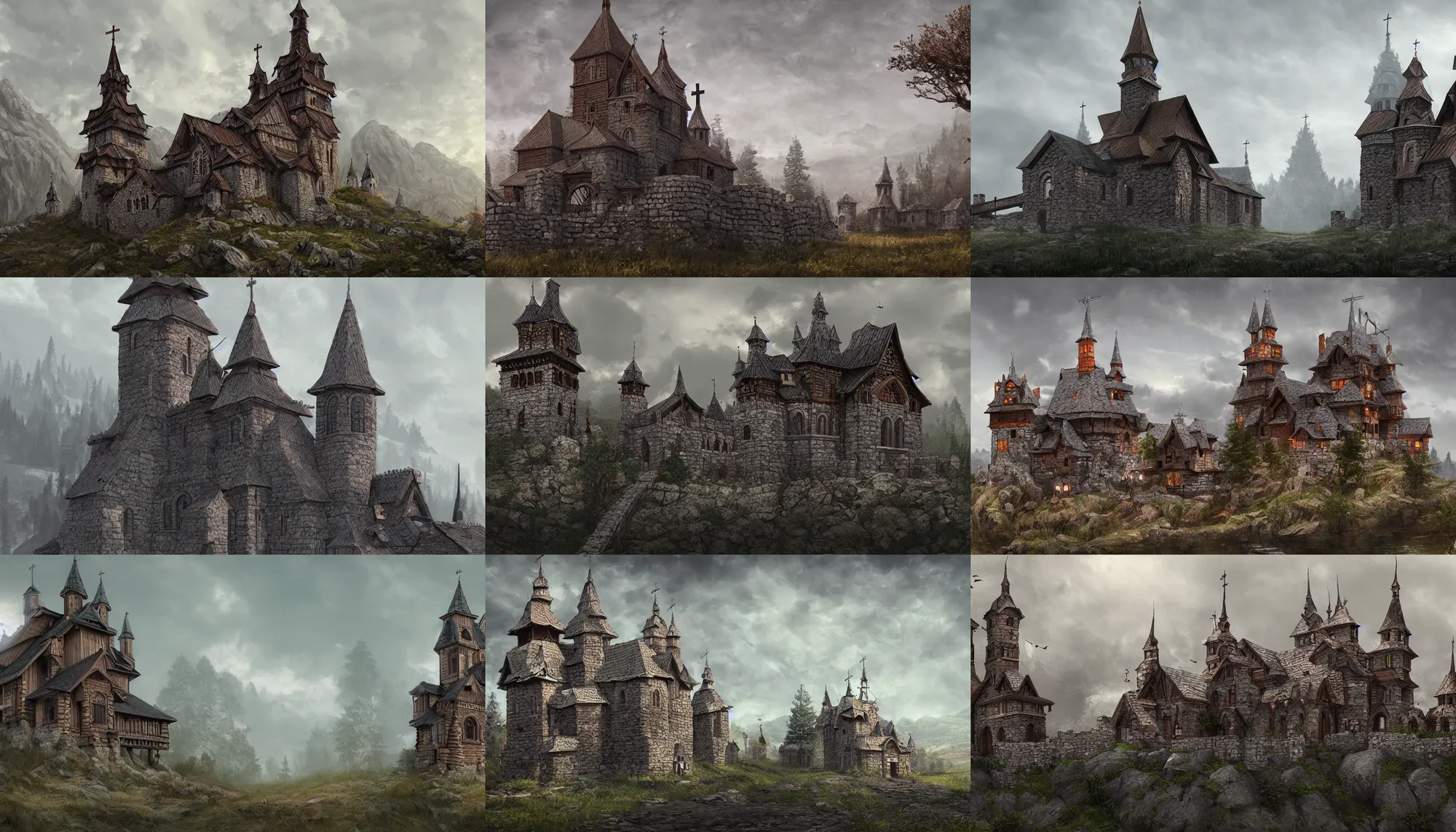 Prompt: proto - slavic tall castle enclosed palisaded, with churches, log houses built on hills, gray skies, hyper - detailed, artstation, cgsociety, 8 k