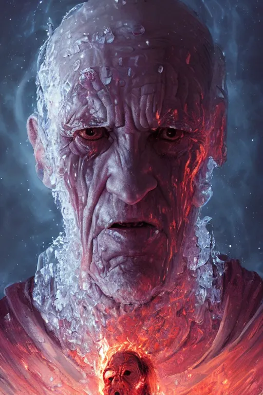 Image similar to the look of an elderly person, necromancer, witch - doctor covered with ice exploding into fire, full of wrinkles and imperfections by artgem and greg rutkowski, highly detailed, high contrast, light reflection, trippy, nebula, trending on artstation