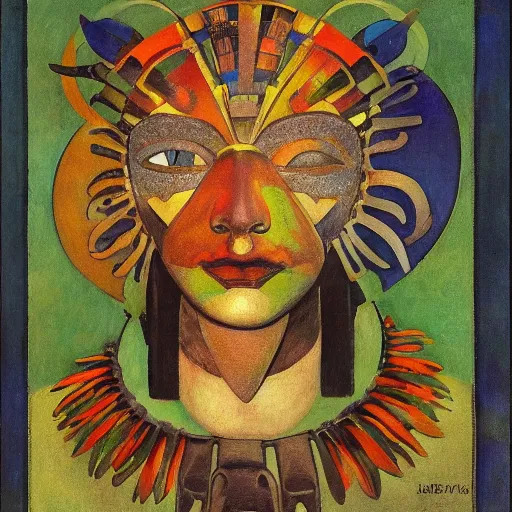 Image similar to head of a beautiful boy wearing a mask made of metal flowers, by diego rivera and john watkiss, art deco shaman, stylized geometric flowers, art brut, symbolist, dramatic lighting, god rays, iridescent beetles, clean crisp graphics, smooth sharp focus, extremely detailed, adolf wolfli