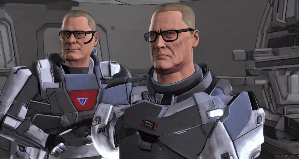 Prompt: single person. hank hill as commander shepard within the ssv normandy in the videogame mass effect 2. mid - conversation portrait. dim spaceship interior bg behind him. cutscene. hd.