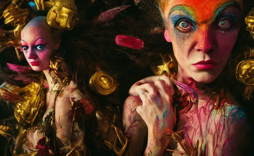 Image similar to 3 5 mm color, movie still, portrait, fashion, freak show, weird, random, strange, hyperdetailed, photorealistic, interesting, david lachapelle, karol bak, weta digital, id magazine, octane, cinematic, hyperrealism, 8 k, depth of field, bokeh.