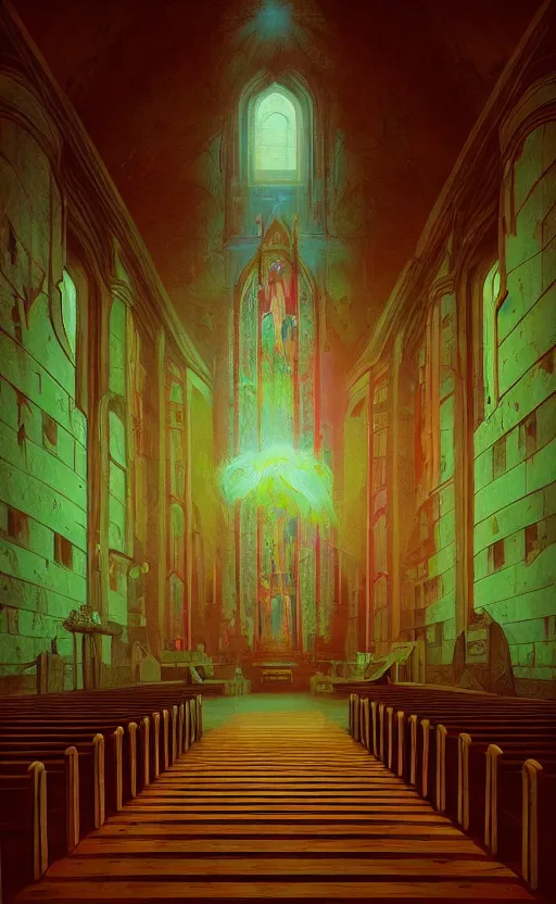 Image similar to Interior shot of a church by Petros Afshar and Beeple, James Gilleard, Mark Ryden, Wolfgang Lettl highly detailed