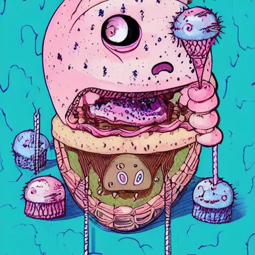 Image similar to crying cute eyes mouth pink ice cream, blue waffle cone, jester themed, intricate concept art, thick line drawing, 1 9 8 3 horror painted book cover art