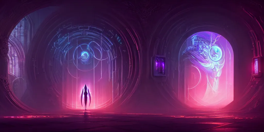 Image similar to portal to the ethereal realm, centered composition, intricate concept art, ethereal, ominous, mysterious, enchanted, magic, dramatic lighting, illuminated lines, outrun, vaporware, illuminated runes, cyberpunk darksynth, dark background, 8 k, octane render, by james paick and stephan martiniere and alphonse mucha