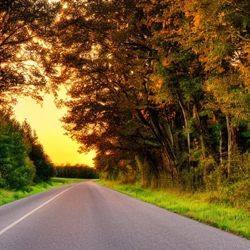 Prompt: summer country road, golden hour, trees on both sides