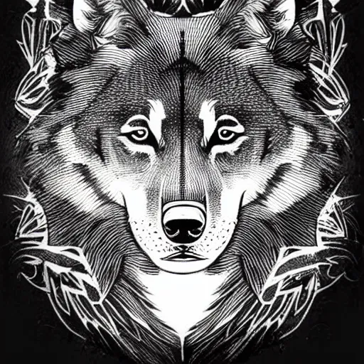 Image similar to tattoo stencil. pencil line drawing, black and white vector, wolf, photoshop