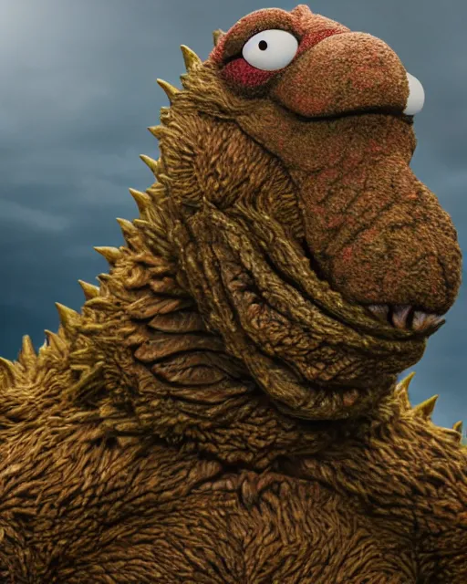 Image similar to a photographic portrait of muppet godzilla, golden ratio, beautifully lit, promotional photograph, 5k