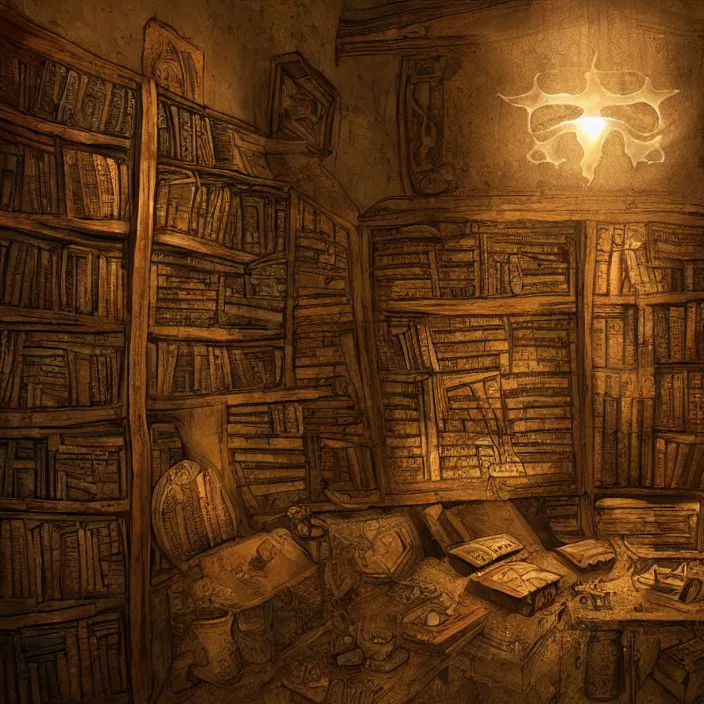 Prompt: ancient fantasy library with papyrus scroll showing punisher symbol light rays in dust