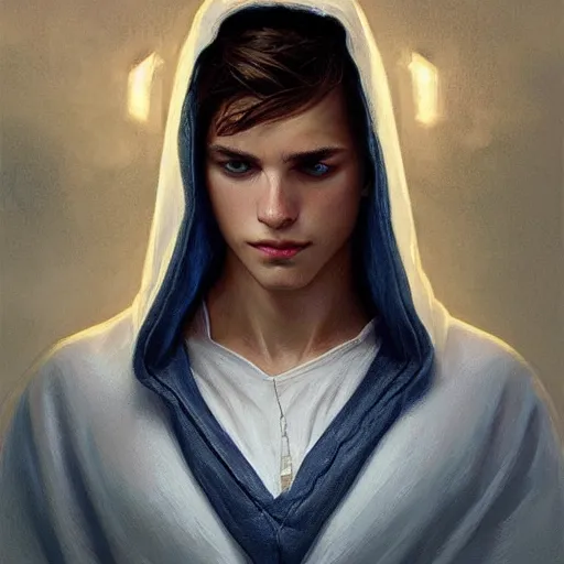 Image similar to ultra realistic illustration, a young man in a white hood, with brown hair, with blue eyes, intricate, elegant, highly detailed, digital painting, artstation, concept art, smooth, sharp focus, illustration, art by artgerm and greg rutkowski and alphonse mucha