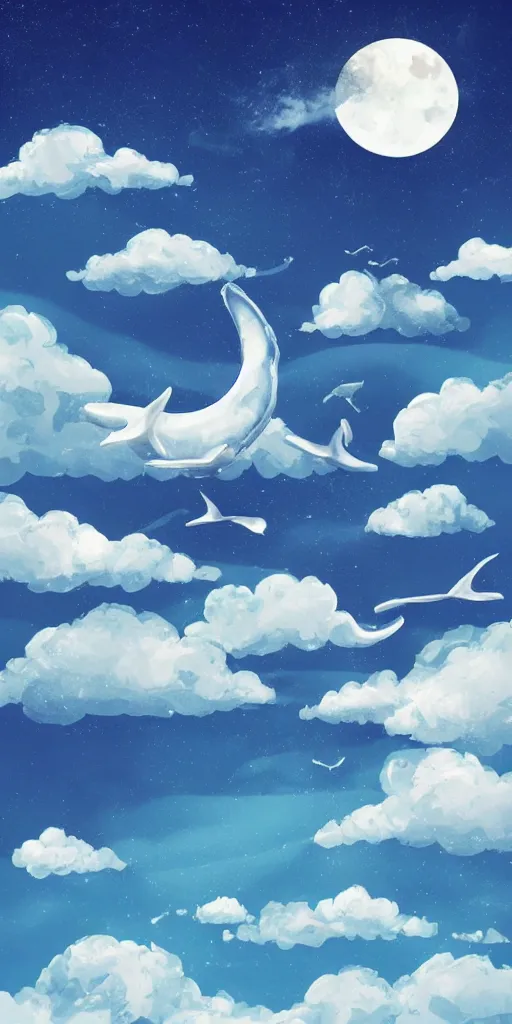 Image similar to realistic ocean in the sky, whale, clouds, moon, water