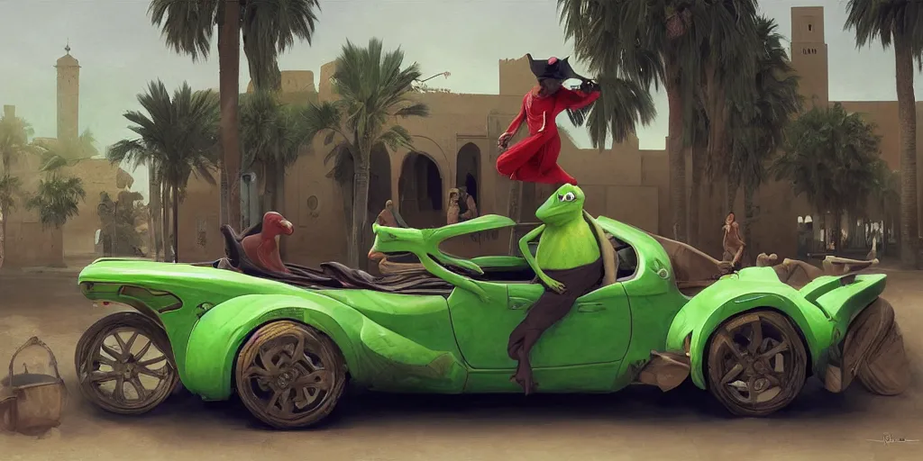 Prompt: kermit driving a car, wlop, moroccan city, moroccan mosque, palm trees, redneck country, style in digital painting, concept art, smooth illustration, by ruan jia and mandy jurgens and william - adolphe bouguereau, artgerm