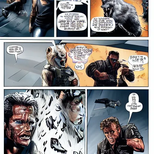Prompt: the terminator battles a cyborg wererwolf