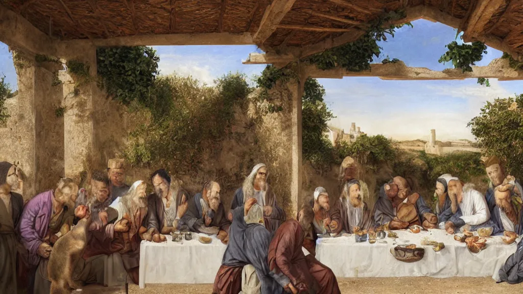 Image similar to the scene of the last supper, man dressed in suits, with cat heads, under the porch of a typical portuguese house, with typical alentejo landscape in the back, sunny morning, matte painting, oil canvas, photorealistic illustration, extreme detail, hyper realistic, highly detailed, digital art