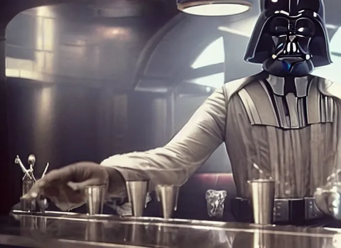 Image similar to film still of Darth Vader working as a bartender in the new Star Wars movie, 4k