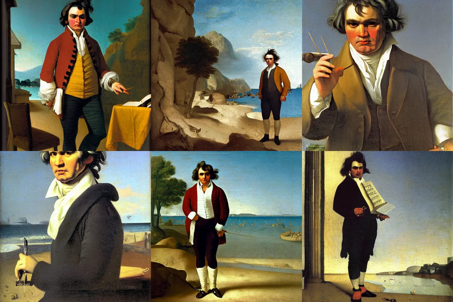 Prompt: Beethoven wearing jorts on the beach, by Vermeer