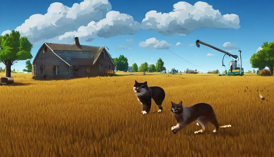 Image similar to gigantic cat next to the small house, wheat field harvesting, big tree, person, matte painting, art station, blue sky, simon stalenhag