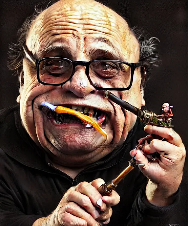 Image similar to danny devito as a fantasy goblin smoking a pipe, portrait, fantasy, intricate, elegant, highly detailed, digital painting, artstation, concept art, smooth, sharp focus, illustration, art by artgerm and greg rutkowski and alphonse mucha