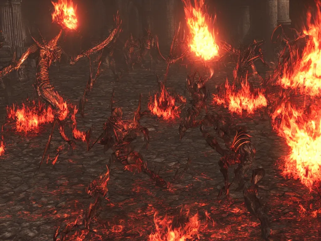 Image similar to Demon Souls Dark Souls Boss fight in flaming hell