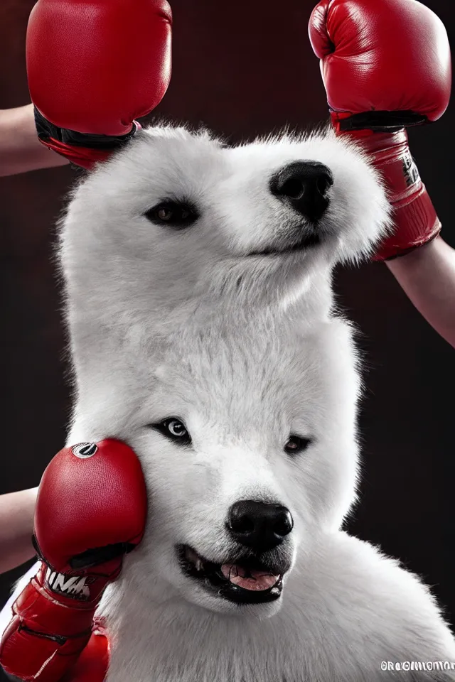 Image similar to samoyed dog head on a human body as a muay thai kickboxer, gloves on hands, Rajadamnern Stadium, world championship fight, photorealistic, cinematic lighting, 4k