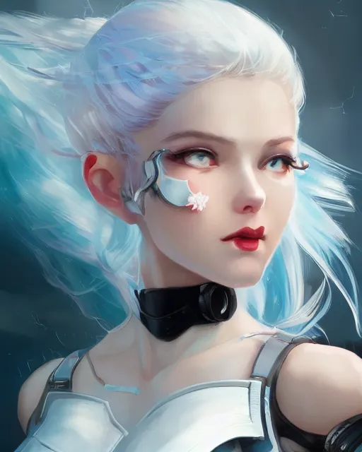 Image similar to cyborg girl with white hair and black skirt, flower decorations, dreamy, beautiful illustration, scifi, atmosphere, top lighting, blue eyes, focused, perfect composition, artstation, highly detailed, art by yuhong ding and chengwei pan and serafleur and ina wong
