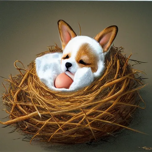 Image similar to concept art of a baby corgi sleeping in an egg in a nest, anne geddes