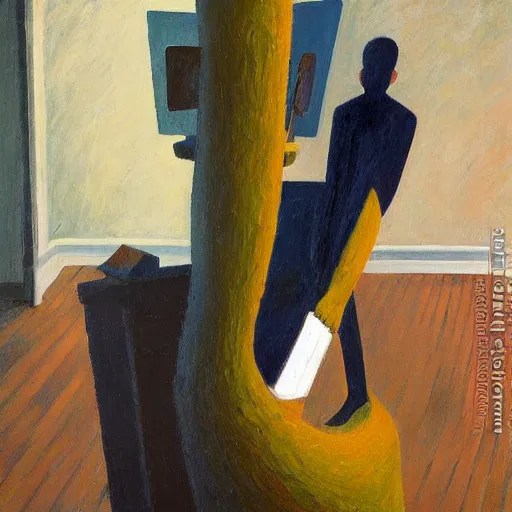 Image similar to an impasto painting by shaun tan of an abstract sculpture by the caretaker and edward hopper