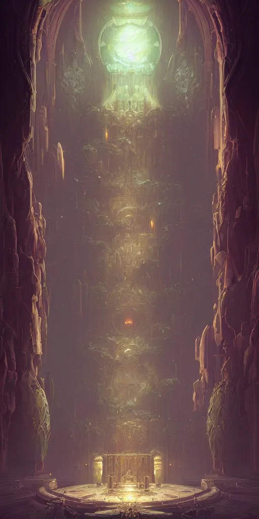 Prompt: Detailed Interior of the Jupiter gaseous throne room, curling gas, light shafts, glowing throne, stunning atmosphere, in Style of Peter Mohrbacher, cinematic lighting