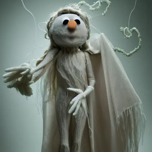 Image similar to ethereal ghostly live action muppet wraith like figure with a fern head with two very long tentacles for arms that flow gracefully at its sides with a long fuzzy snake tail for legs, it stalks around the frozen tundra searching for lost souls and that hide in the shadows in the trees, this character uses hydrokinesis and electrokinesis, it is a real muppet by sesame street, photo realistic, real, realistic, felt, stopmotion, photography, sesame street