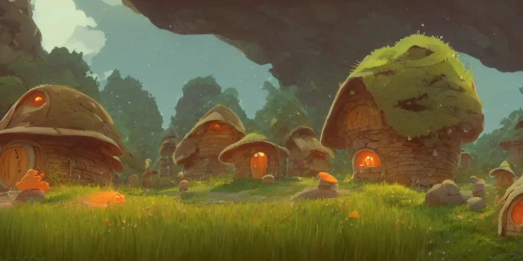 Prompt: small hobbit mushroom houses, red ruff, by cory loftis & akihiko yoshida & james gilleard & atey ghailan & makoto shinkai & goro fujita & studio ghibli, rim light, exquisite lighting, clear focus, magic atmosphere, lights, night, very coherent, plain background, soft painting, photorealistic, unreal engine 5, 4 k