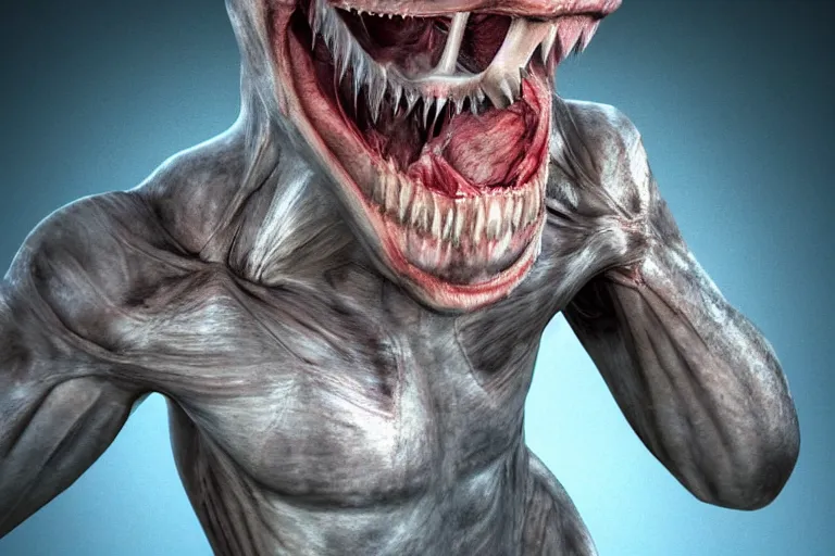 Image similar to half human half shark made of muscles and flesh, very angry, teeth, ambient light, terror, glows, realistic, photo - realism, hyper realism, picture, detailed, 3 d render, scary, distant shot, in the distance,